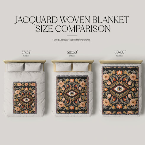 A luxury woven jacquard blanket in three sizes featuring an all-over wild herb botanical pattern of stylized blossoms and foliage in muted gold, olive, lavender, and pewter on a deep black cotton ground; finely twisted multicolor fringe edges complete the artful tapestry weave, ideal as a cozy sofa throw or dramatic wall hanging.